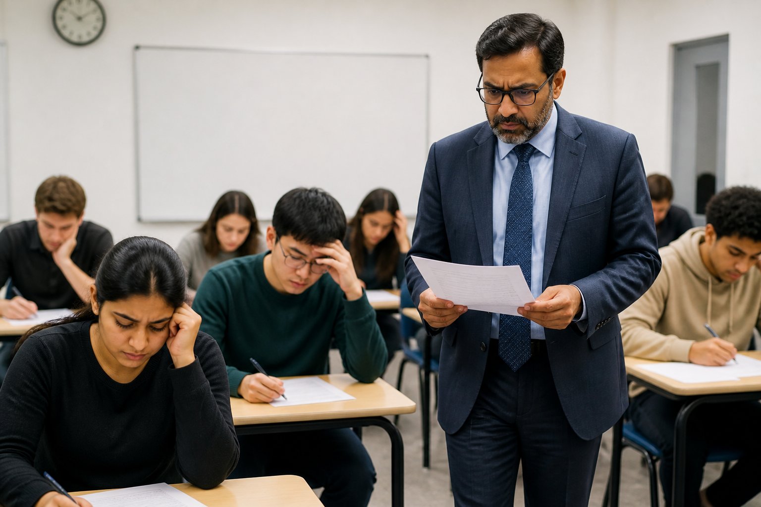Students sitting at desks in an exam room looking anxious while an invigilator monitors them.