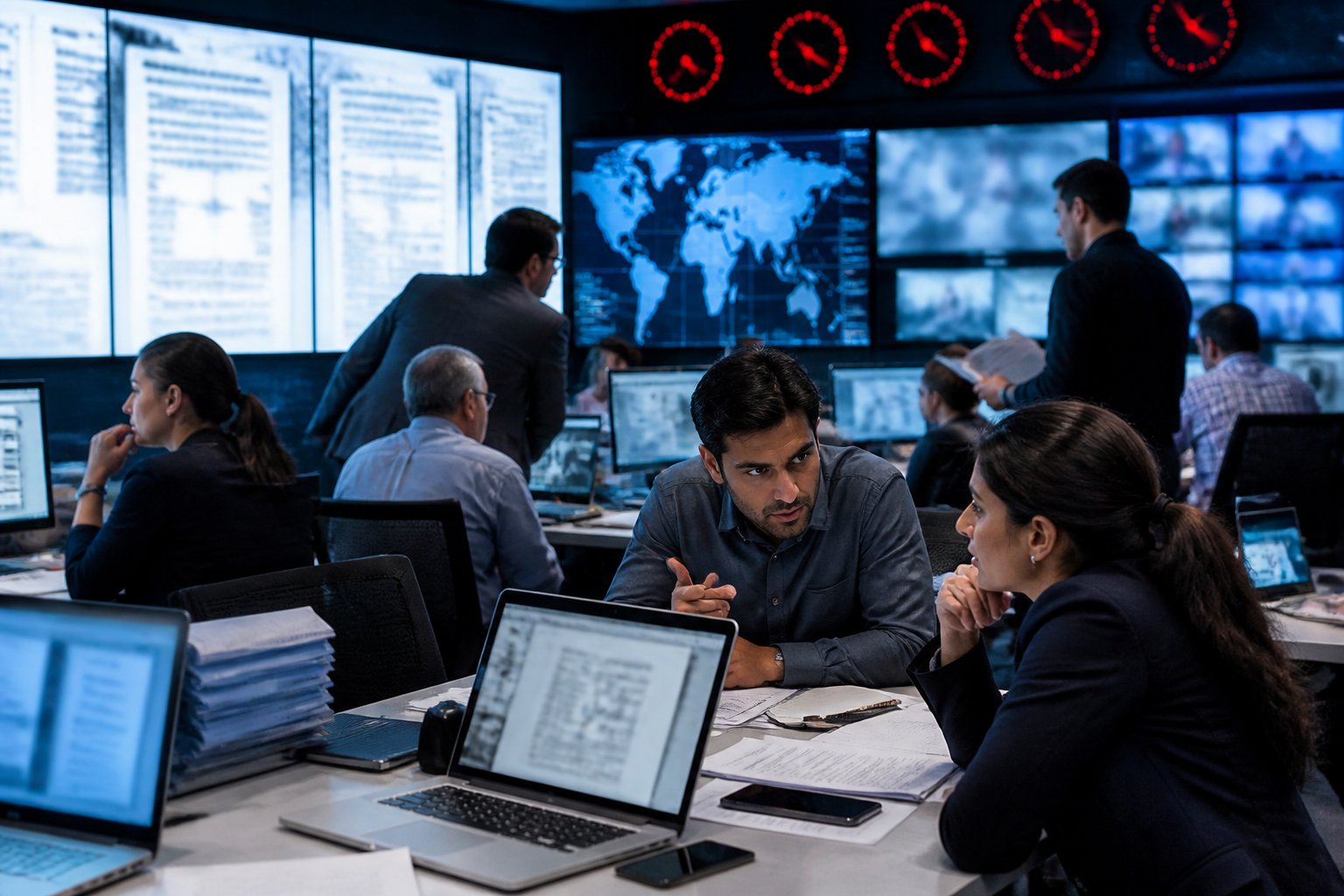 A group of professionals in a modern control room analyzing data on screens and computers during a serious investigation.