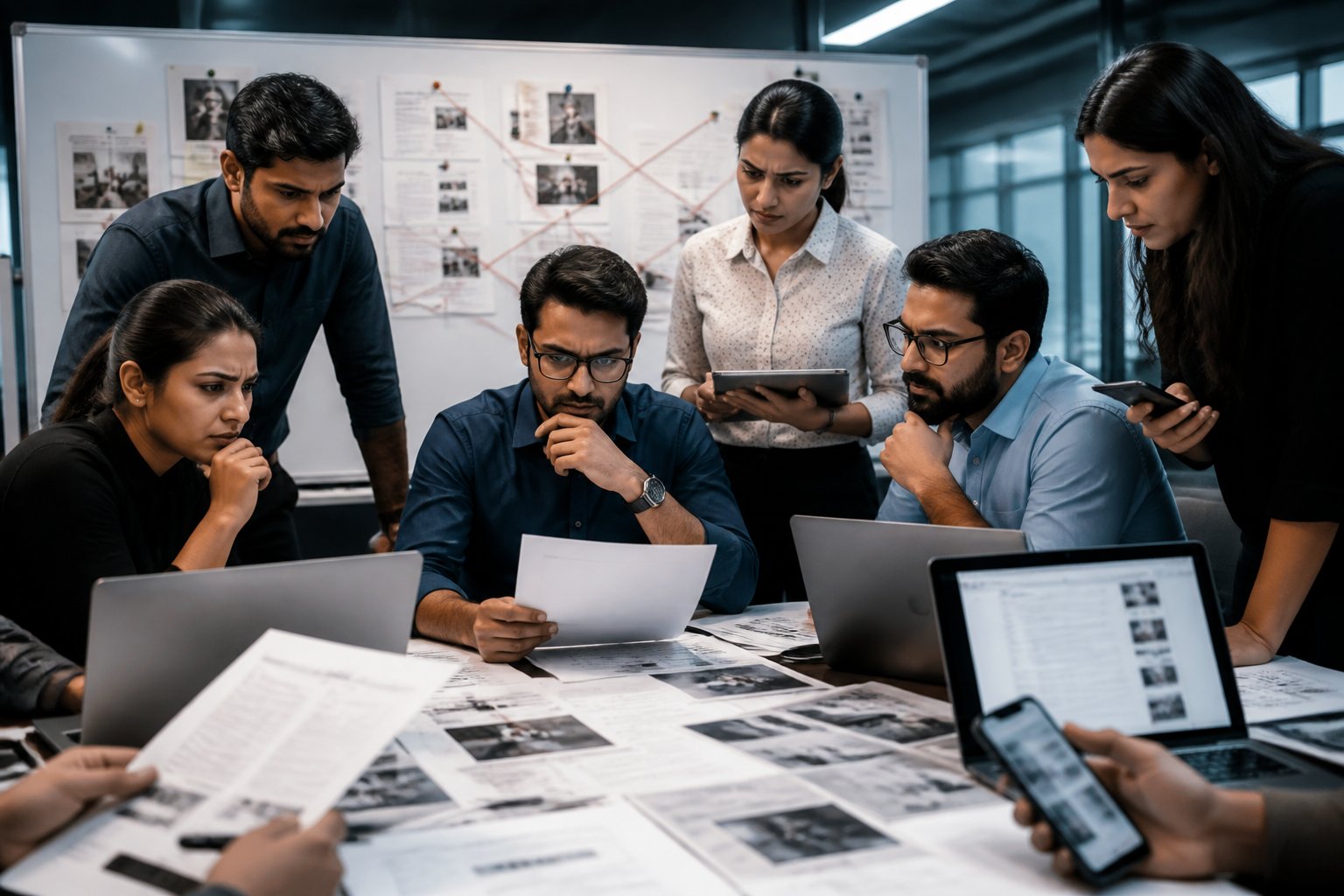 A group of professionals in an office examining documents and digital devices, discussing an exam paper leak investigation.